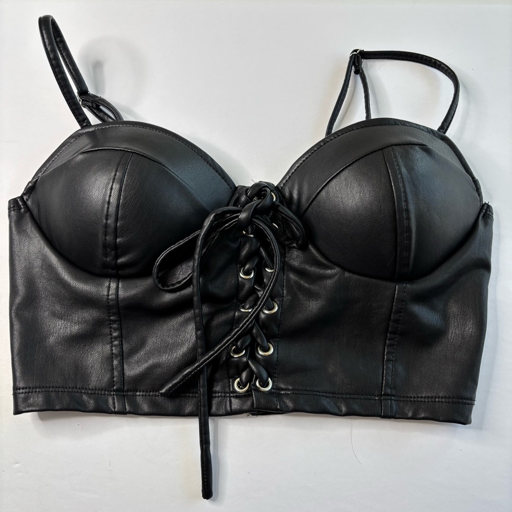 BN8 Sexy Black Bustier Lace-Up Faux Leather Crop Top Festival Coachella Small